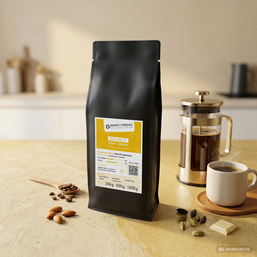 Balance Mittel-Kräftig Kaffee für French Press – kräftiger Blend mit Schokoladen- und Mandelnoten.