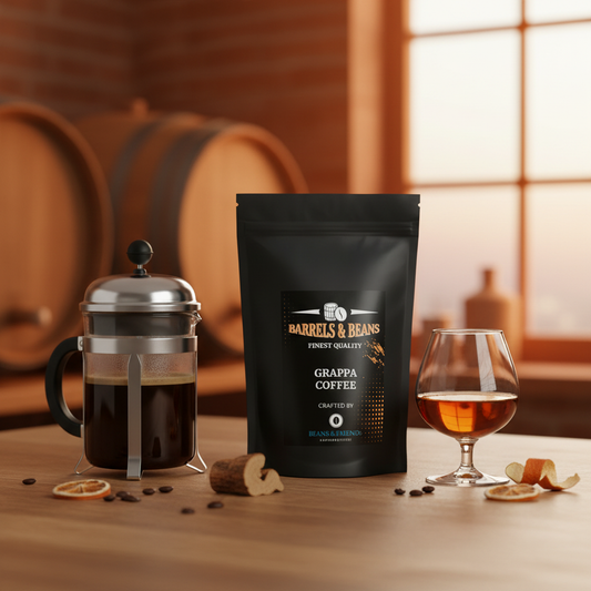 Grappa Barrel Coffee von Beans & Friends in der French Press – vollmundiger Kaffee mit leichter Fruchtigkeit, würziger Aromatik und ausgewogenem Nachklang