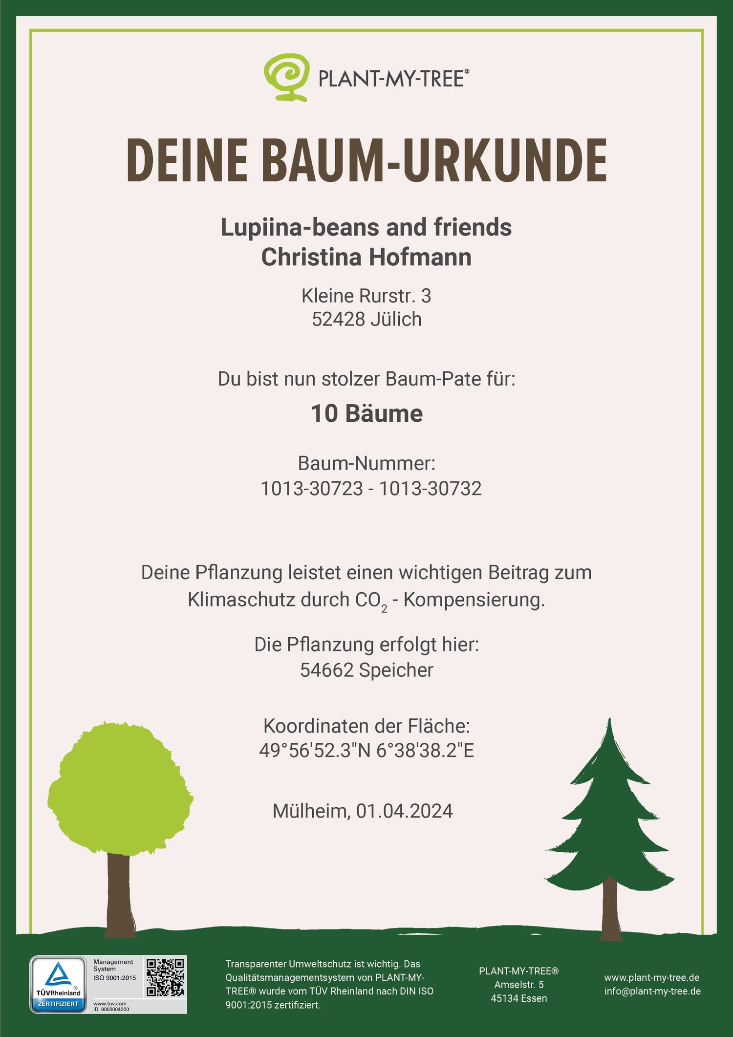 „Urkunde in natürlichen Farben mit einem Baum und einer Tanne von ‚Plant My Tree‘, die Lupiina beans and friends feiert, die ersten 10 Roteichen – Baum des Jahres – zu pflanzen. Inklusive Koordinaten, wo die Bäume gepflanzt werden.“