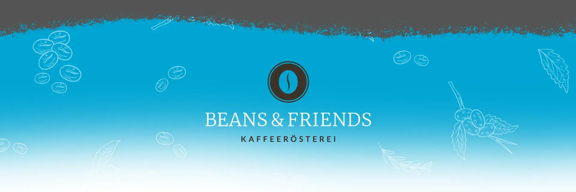 „Banner für Beansandfriends Kaffeesorten – Himmelblauer Hintergrund mit dem ‚Beans and Friends Kaffeerösterei‘-Logo. Das Design vermittelt eine freundliche und einladende Atmosphäre, passend zu den hochwertigen Kaffeesorten.“