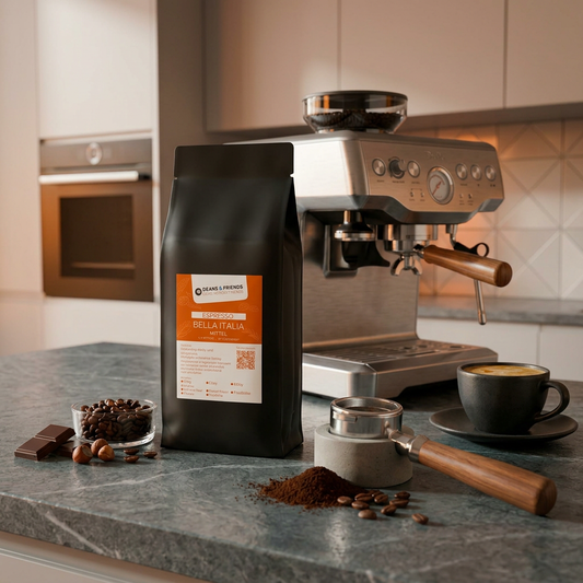 Espresso Bella Italia von Beans & Friends an der Siebträgermaschine – harmonischer Espresso mit dichter Crema, feinen Haselnussnoten und kräftigem Charakter