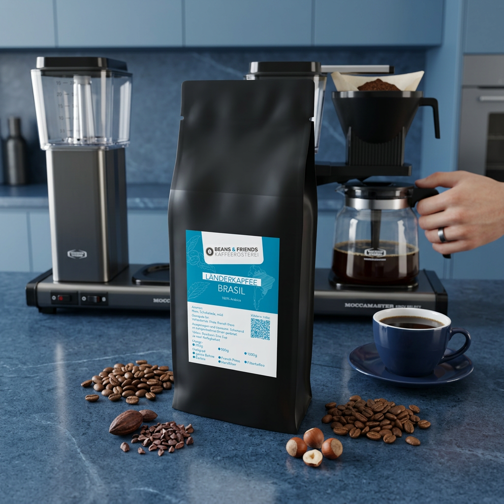 Brasil Filterkaffee von Beans and Friends – 100 % Arabica mit Nuss-, Schokoladen- und Honignoten, weich, ausgewogen und angenehm klar in der Tasse.