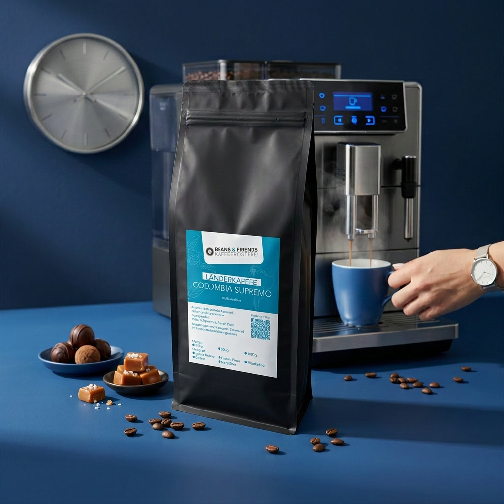 Columbia Kaffee für Vollautomaten von Beans and Friends – 100 % Arabica mit schokoladigen Noten, weichem Körper und ausgewogenem Charakter.