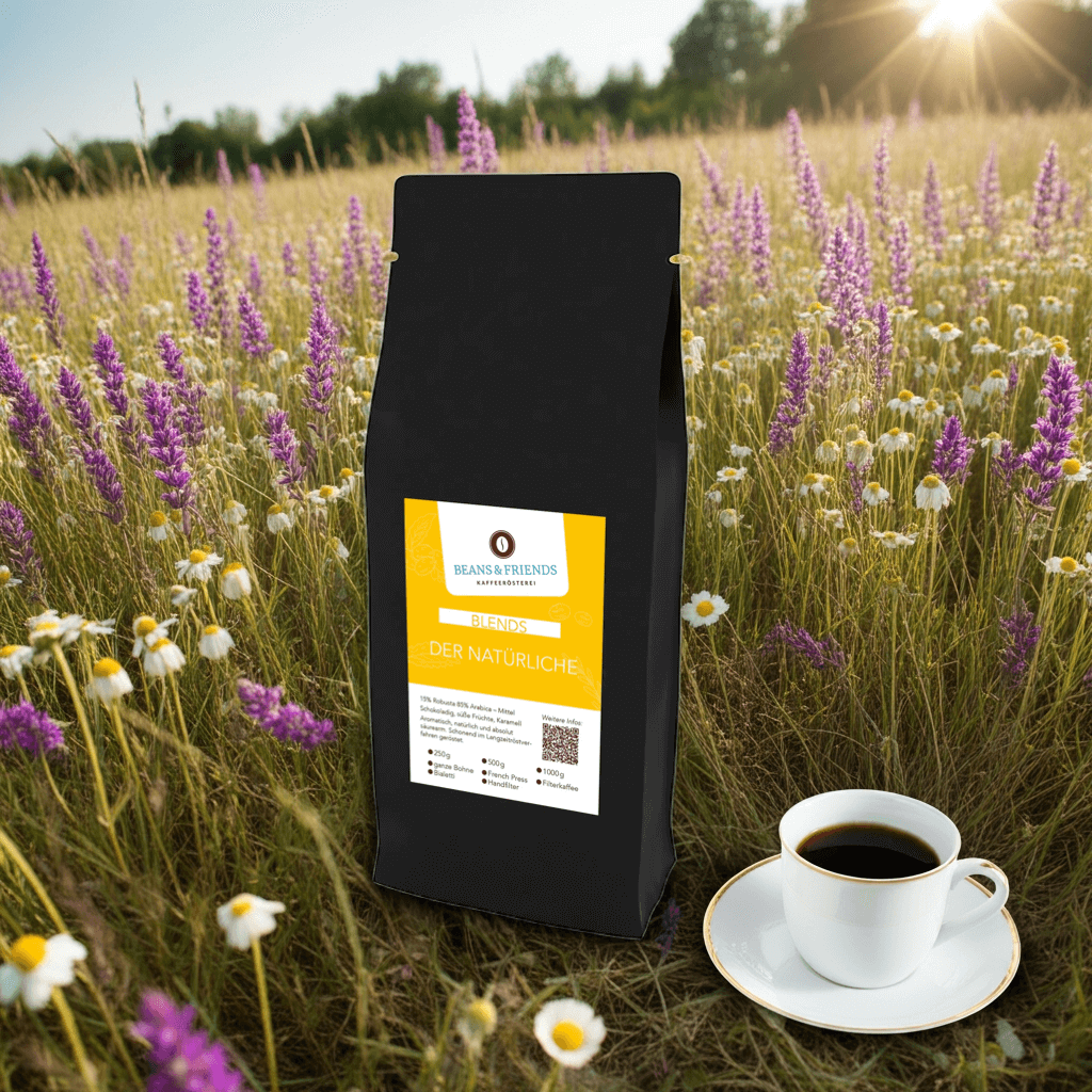 Die Tüte „Der Natürlich“ steht vor einer leuchtenden Wildblumenwiese an einem sonnigen Tag – ein Kaffee, der Natürlichkeit und Lebensfreude ausstrahlt.