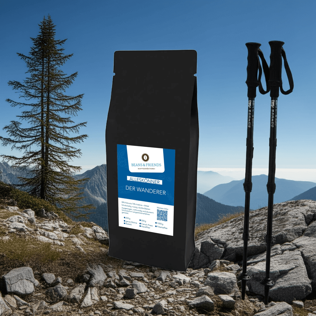 Kaffeesorte „Der Alleskönner – Der Camper Kaffee“ vor beeindruckender Bergkulisse mit ein paar Tannen – perfekt für Genussmomente in der Natur.
