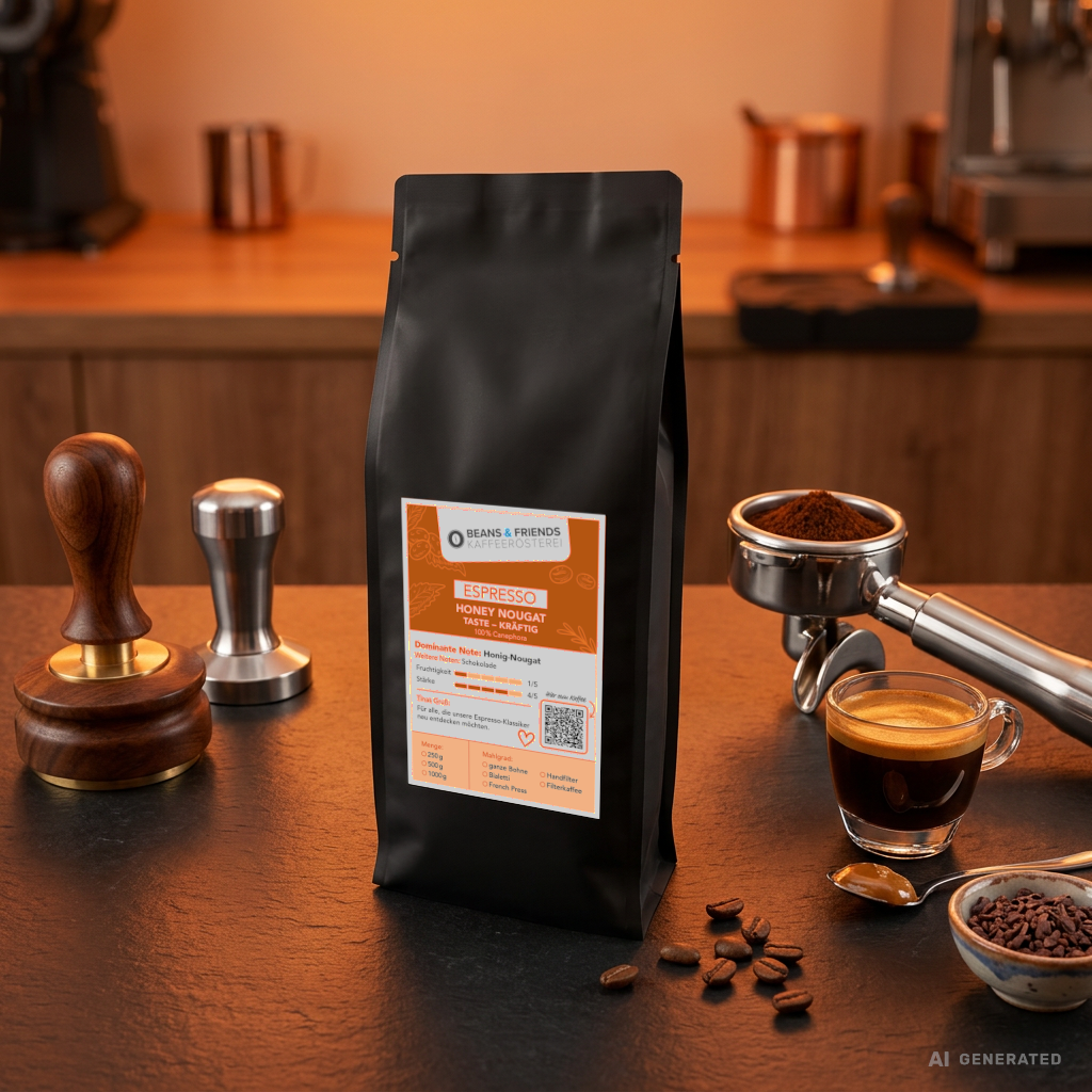 Espresso Honey Nougat von Beans & Friends im Siebträger – Espresso mit dichter Crema, Honignoten und Nougatnoten