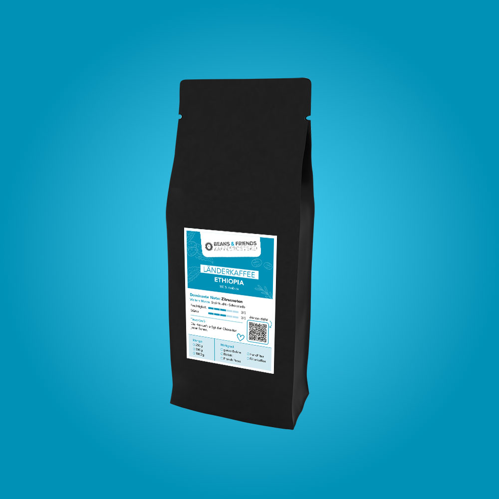 Ethiopia Kaffee ganze Bohnen von Beans and Friends – 100 % Arabica mit blumigen Aromen, feiner Fruchtigkeit und Zitrusnoten, charaktervoll, aromatisch und klar im Geschmack.