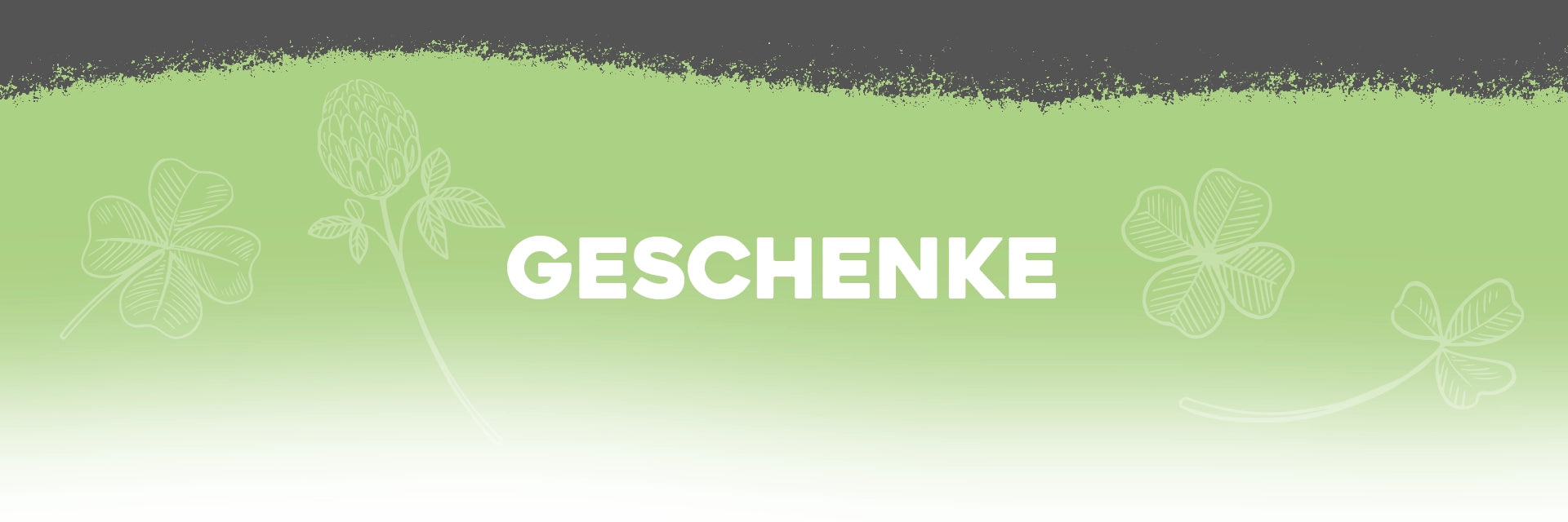 Grüner Frühlingsbanner mit zarten Blattmotiven und dem Schriftzug „Geschenke“ – symbolisiert nachhaltige, naturnahe Geschenkideen.