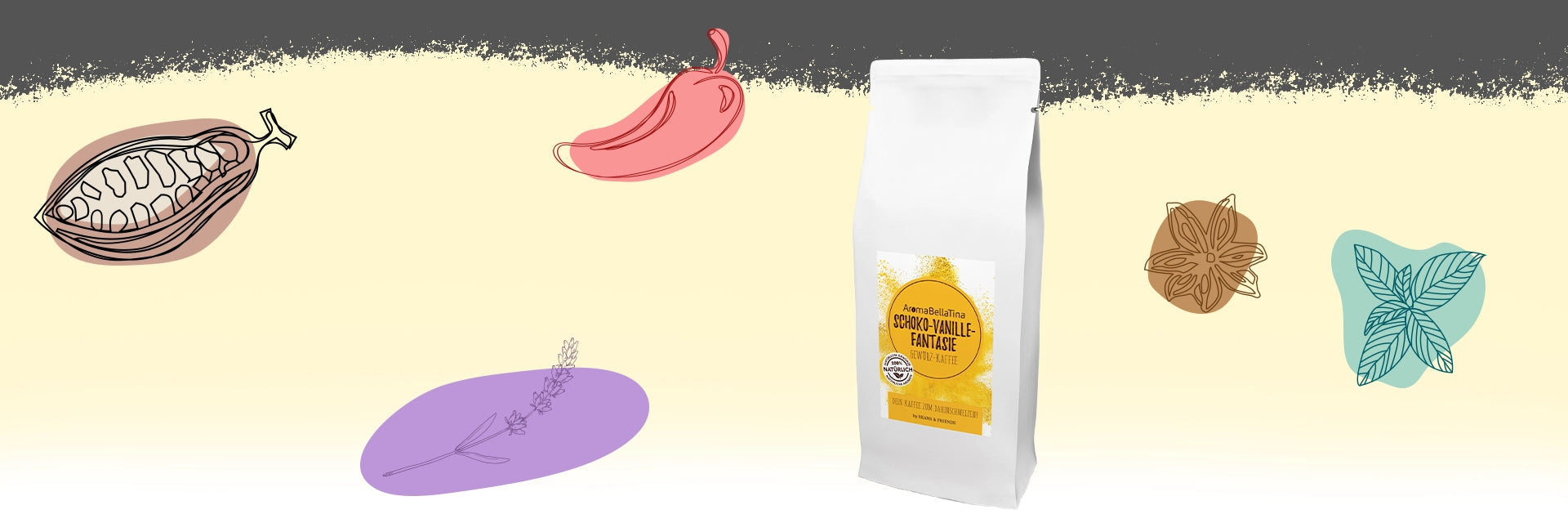„Banner in harmonischem Vanillegelb mit grafischen Gewürzmotiven und Gewürzverpackung Vanille der Aufschrift ‚Aromabellatina‘. Perfekt für die Gewürzkaffees, die eine besondere Geschmacksexplosion bieten.“
