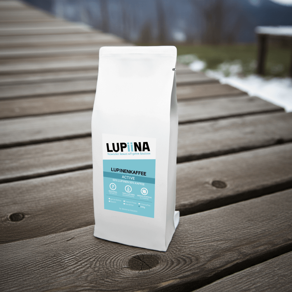 50 % Lupine, 50 % Kaffee – koffein- und proteinreiche Power-Mischung für aktive Tage; im Hintergrund ein sonniger Strandsteg