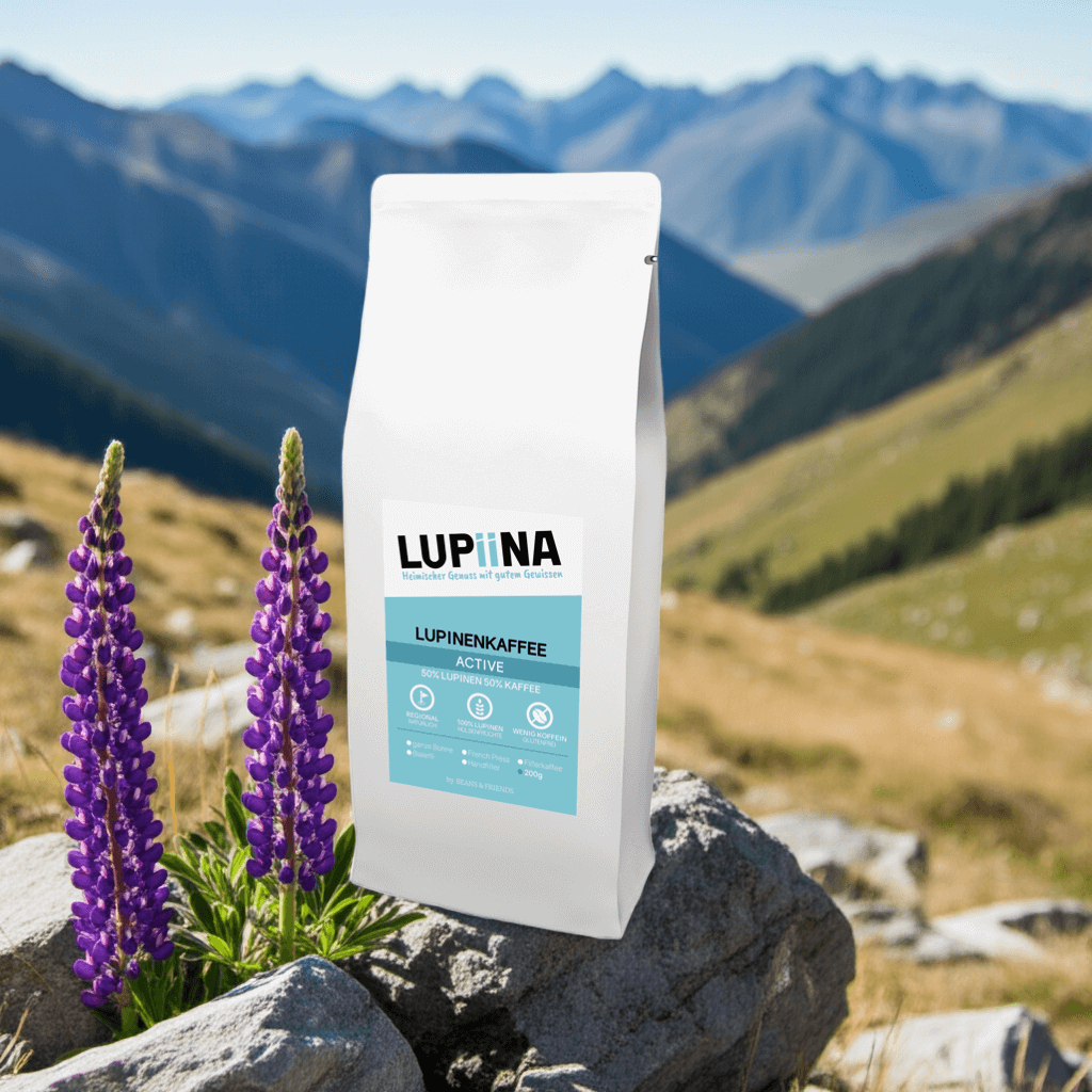 50 % Lupine, 50 % Kaffee – koffein- und proteinreiche Power-Mischung für aktive Tage; im Hintergrund ein sonniger Lupine