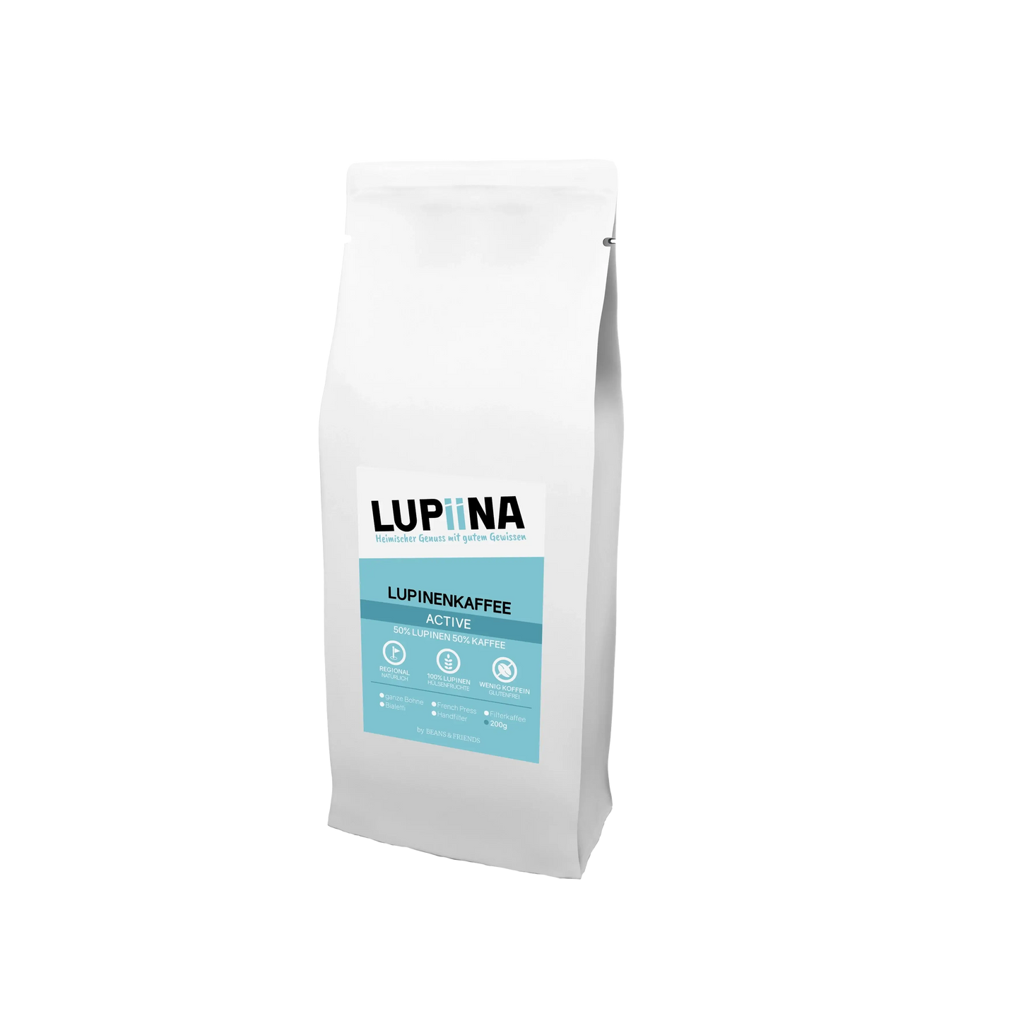 Weiße Tüte mit blauem Etikett – 50 % Lupine, 50 % Kaffee, die koffein- und proteinreiche Power-Mischung für aktive Tage.