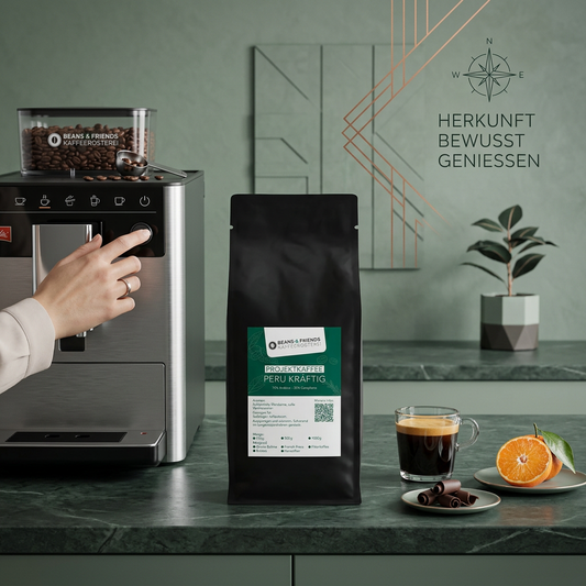Peru Kräftig von Beans & Friends im Vollautomaten zubereitet – vollmundiger Kaffee mit kräftigem Charakter und Mandarinennote