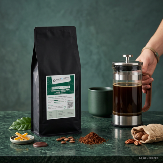 Peru Mittel von Beans & Friends in der French Press – Kaffee mit schokoladigen und nussigen Noten