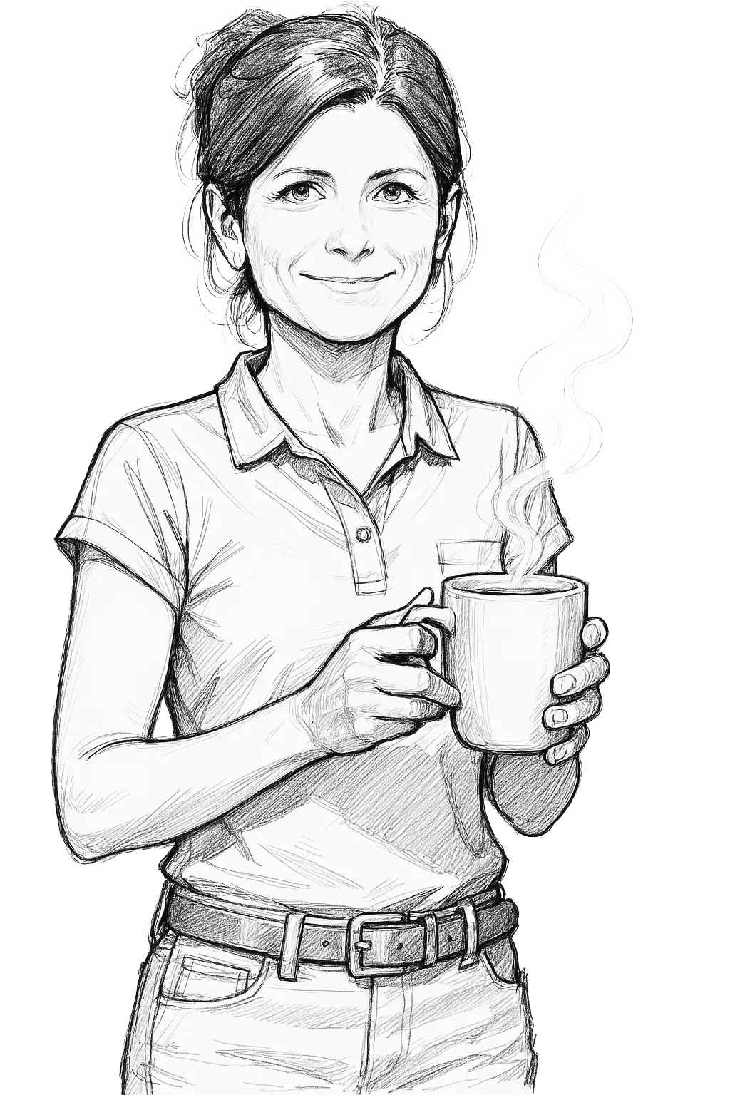 Bleistiftzeichnung der Inhaberin Christina Hofmann, basierend auf einem Originalfoto. Die Strichzeichnung zeigt Tina mit einer Tasse Kaffee in der Hand, kunstvoll umgesetzt von KI