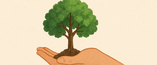 Bleistiftzeichnung einer Hand, die einen kleinen Baum hält – Symbol für unser Baumprojekt.