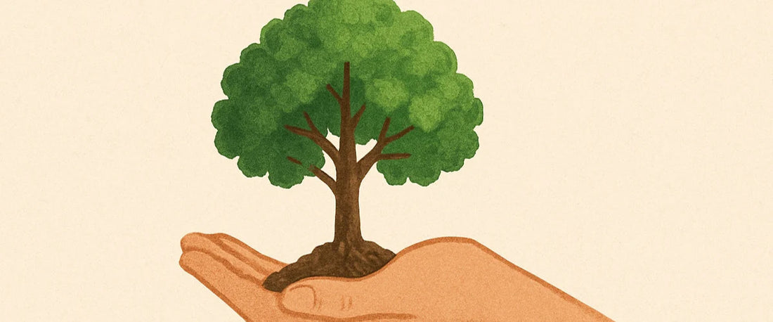 Bleistiftzeichnung einer Hand, die einen kleinen Baum hält – Symbol für unser Baumprojekt.