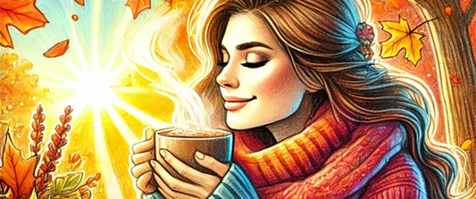 Bunte Bleistiftzeichnung: Frau genießt eine Tasse aromatischen Gewürzkaffee.