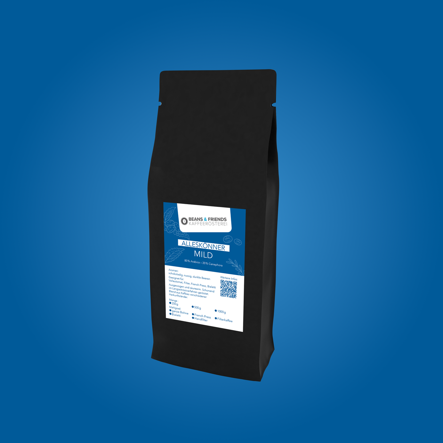 Alleskönner Mild von Beans & Friends – milde Kaffeemischung mit weichem Körper und feinen Nussnoten, vielseitig geeignet für Filter und Vollautomaten
