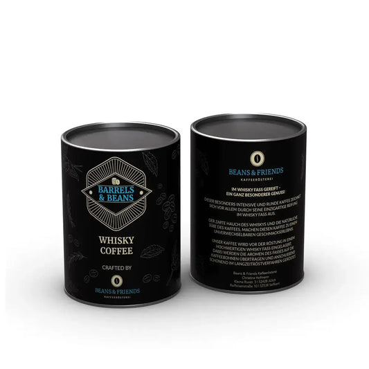 Glenlivet Whisky Kaffee in edler Dose – Schwarze Dose mit auffälligem Etikett, das eine Fassgrafik in Schwarz und Braun und Gold zeigt, passend zur Glenlivet 15 jährig-Note des Kaffees.