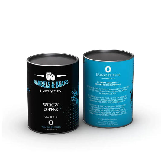 Auchentoshan tripple Wood Kaffee in edler Dose – Schwarze Dose mit auffälligem Etikett, das eine Fassgrafik in Schwarz und blau zeigt, passend zur Auchentoshan-Note des Kaffees.