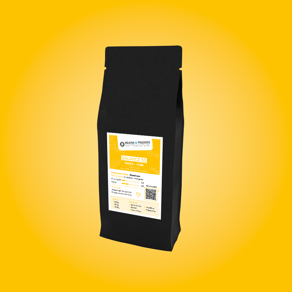 Balance 50 Kaffee ganze Bohnen von Beans and Friends – 50 % entkoffeinierter Kaffee und 50 % Brasil Arabica mit Karamell- und Nussnoten, koffeinreduziert
