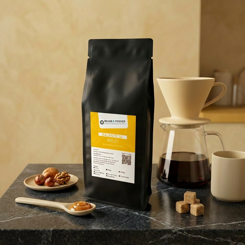 Balance 50 Kaffee für Handfilter – 50 % entkoffeinierter Kaffee und 50 % Brasil Arabica mit Karamell, Nuss und leichter Süße, besonders weich und koffeinreduziert.
