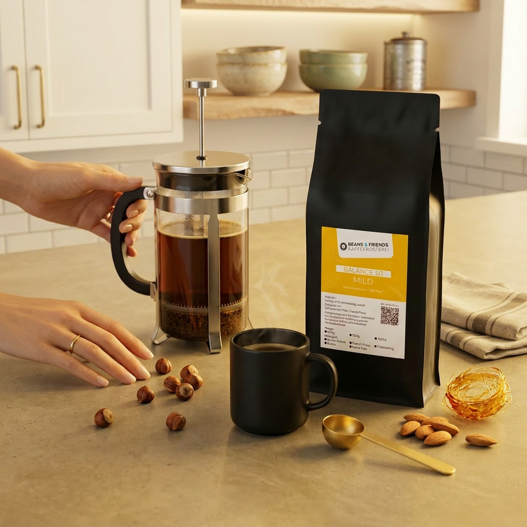 Balance 50 Kaffee für French Preiss und Bialetti und Mokkakanne – koffeinreduzierter Arabica Blend mit Karamell- und Nussnoten, rund, weich und angenehm ausgewogen.