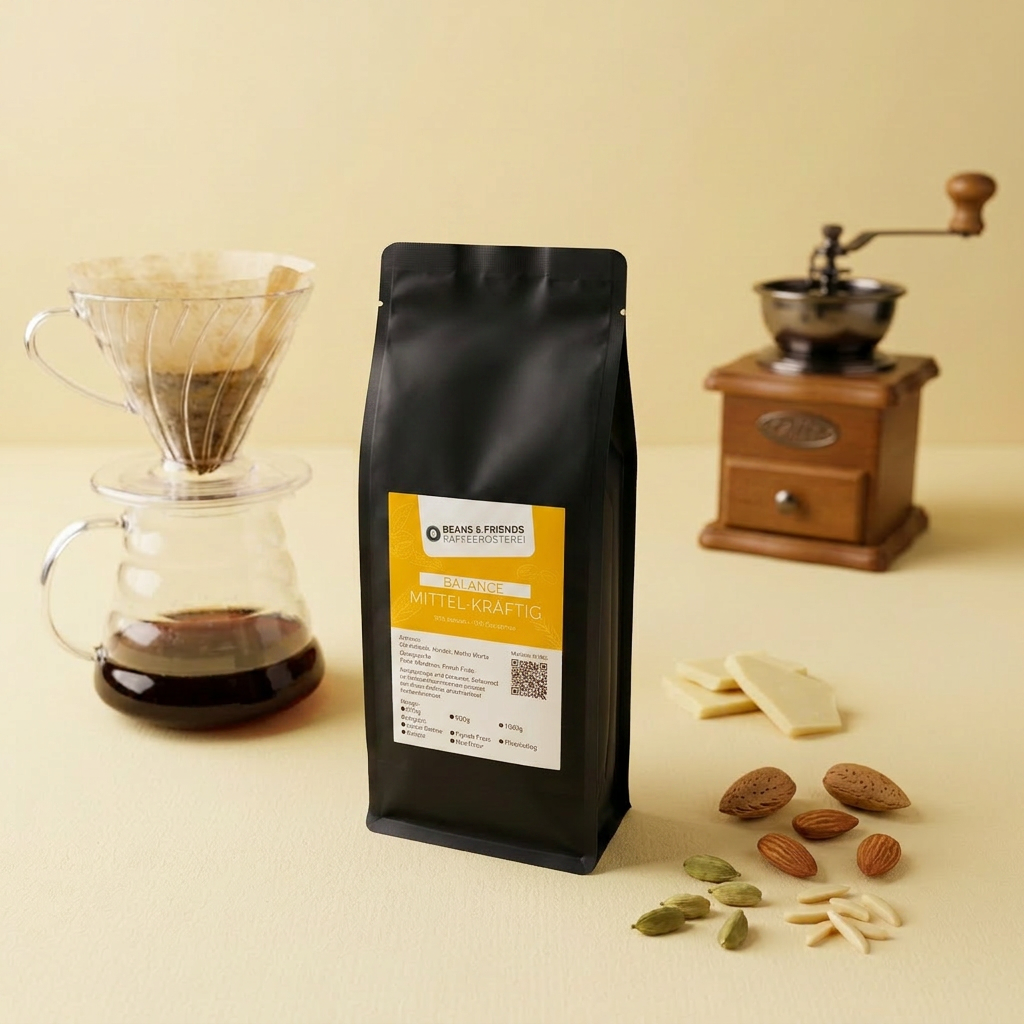 Balance Mittel-Kräftig Kaffee für Handfilter – Blend aus 85 % Arabica und 15 % Canephora mit Schokolade, Mandel und feiner Würze, vollmundig und ausgewogen.