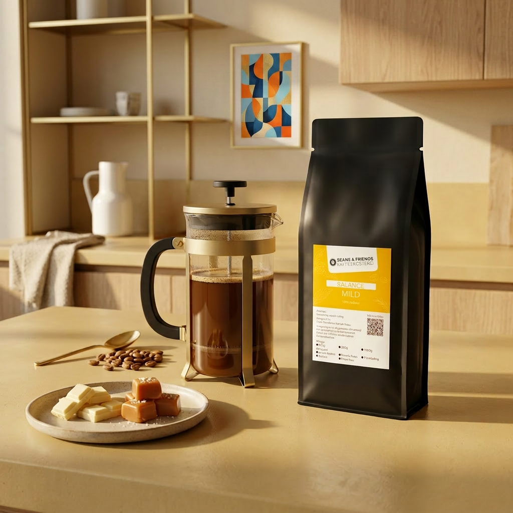Balance Mild Kaffee für French Press – ausgewogener 100 % Arabica Kaffee mit Karamell- und Schokoladennoten, weich, mild und besonders angenehm zu trinken.