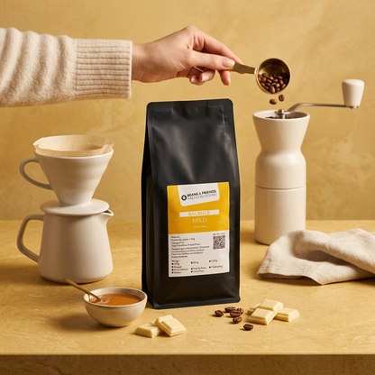 Balance Mild Filterkaffee von Beans and Friends – 100 % Arabica mit Karamell, Schokolade und feinen Fruchtnoten, weich und harmonisch mit ruhigem Charakter.