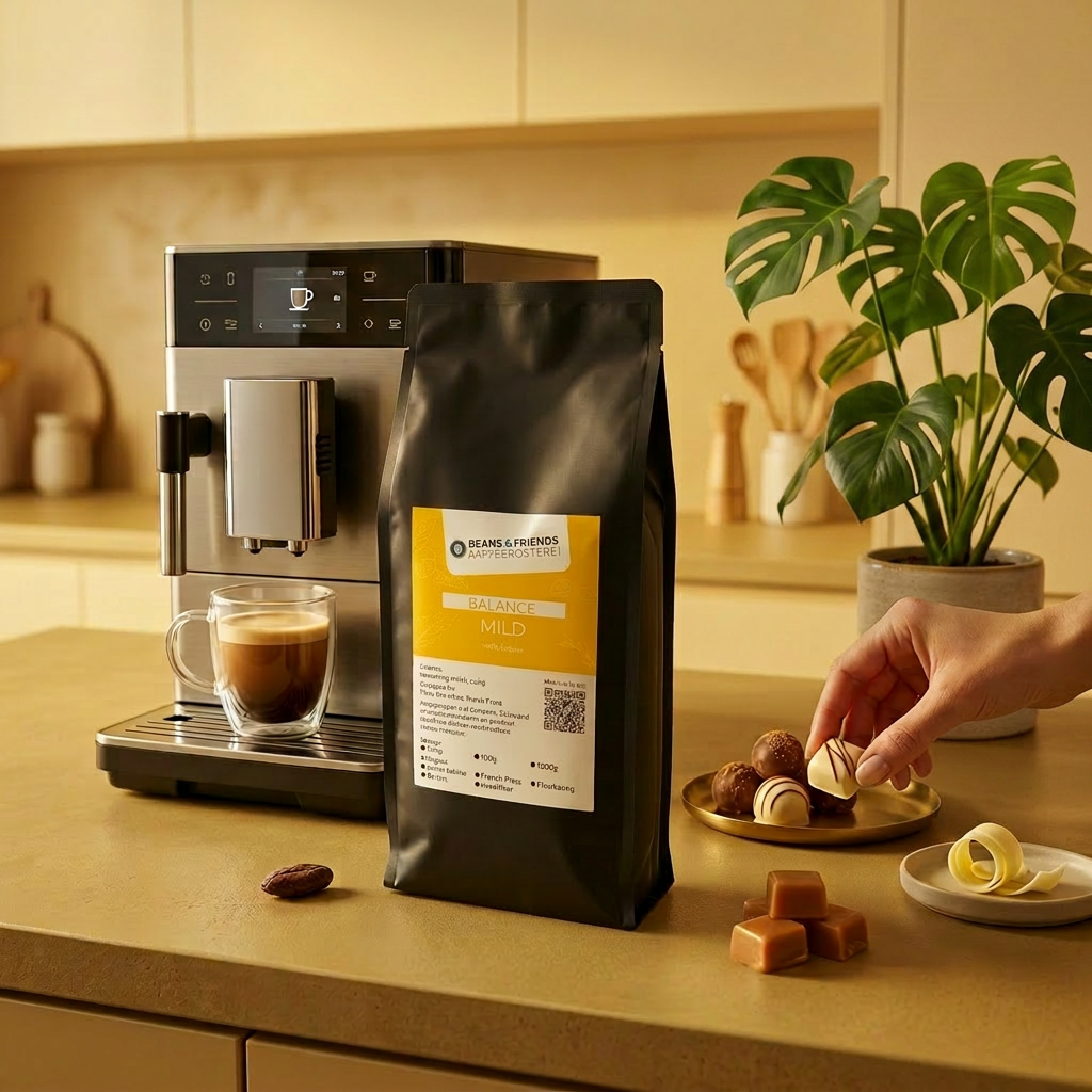 Balance Mild Kaffee für Vollautomaten – 100 % Arabica mit Karamell-, Schokoladen- und feinen Fruchtnoten, mild, ausgewogen und angenehm weich.