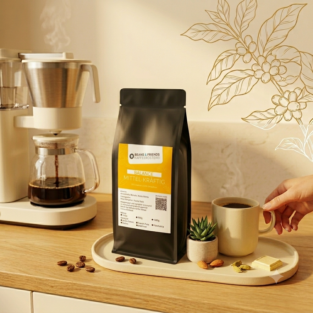 Balance 50 Kaffee für Filtermaschine – 50 % entkoffeinierter Kaffee und 50 % Brasil Arabica mit Karamell, Nuss und leichter Süße, besonders weich und koffeinreduziert, harmonisch