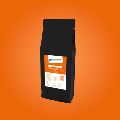 Espresso Bella Italia von Beans & Friends – italienische Espressomischung mit kräftigem Körper, nussigen und dunklen Schokoladennoten, perfekt für Siebträger und Vollautomaten