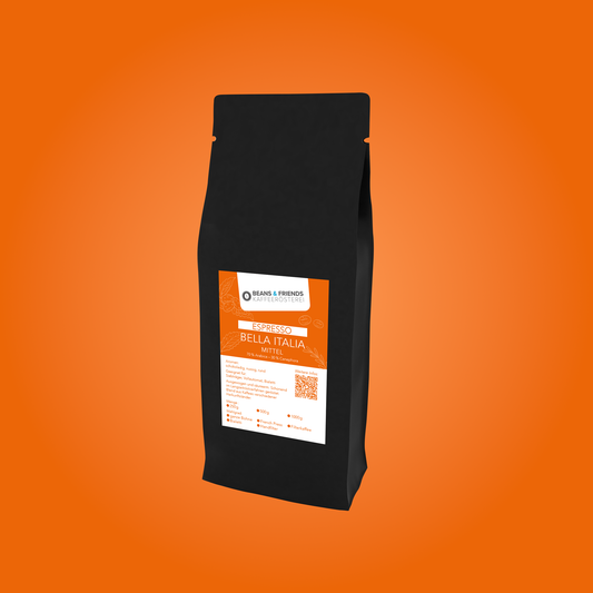 Espresso Bella Italia von Beans & Friends – italienische Espressomischung mit kräftigem Körper, nussigen und dunklen Schokoladennoten, perfekt für Siebträger und Vollautomaten