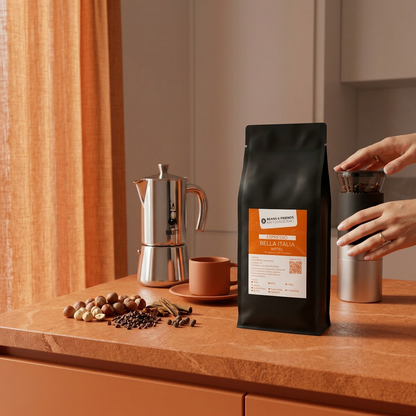 Espresso Bella Italia von Beans & Friends in moderner Kaffeeszene – vollmundiger Espresso mit weicher Crema und dunklen Röstaromen