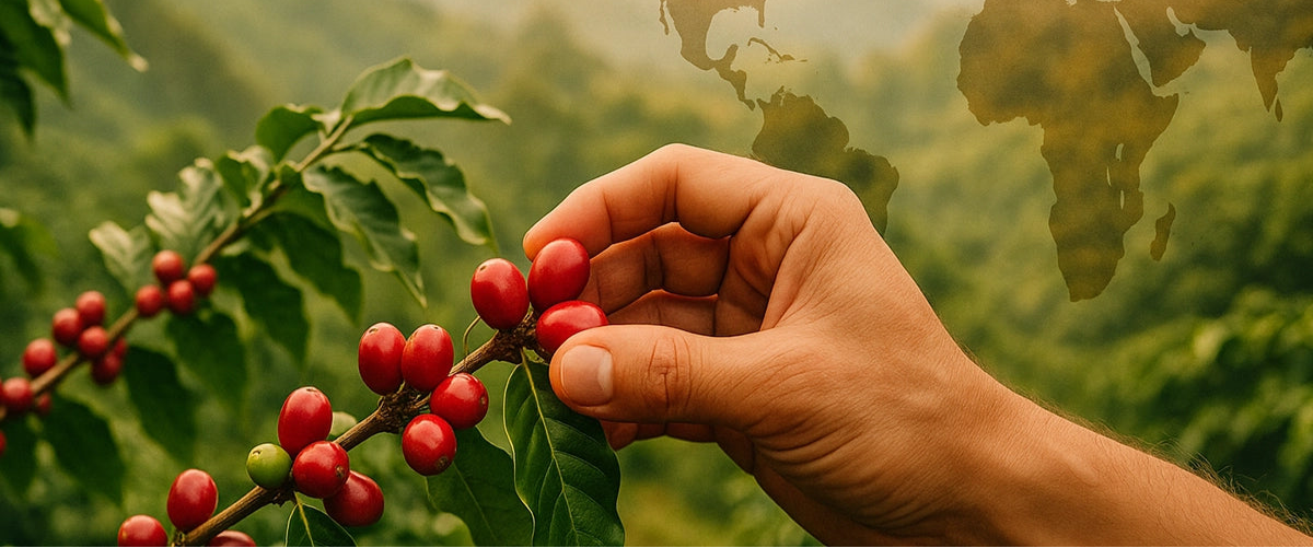 Blogbild zu unserem Direktkaffee aus Peru. Eine Hand pflückt gerade eine reife, rote Kaffeekirsche – ein Highlight aus unserem Projektkaffee, direkt von den Bauern in Peru