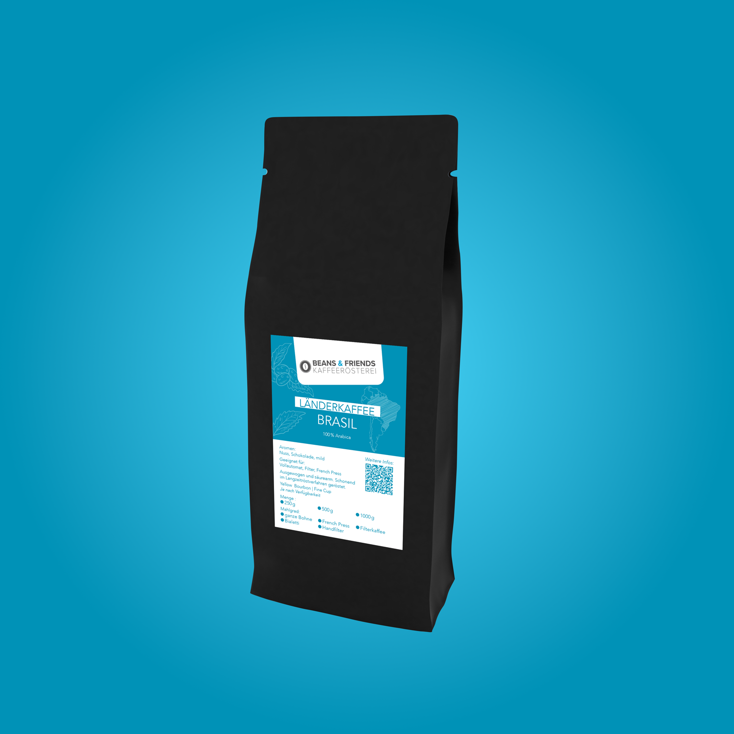 Brasil Kaffee ganze Bohnen von Beans and Friends – 100 % Arabica mit Nuss-, Schokoladen- und Honignoten, mild, ausgewogen und ideal für Vollautomat, Siebträger und Filterkaffee.