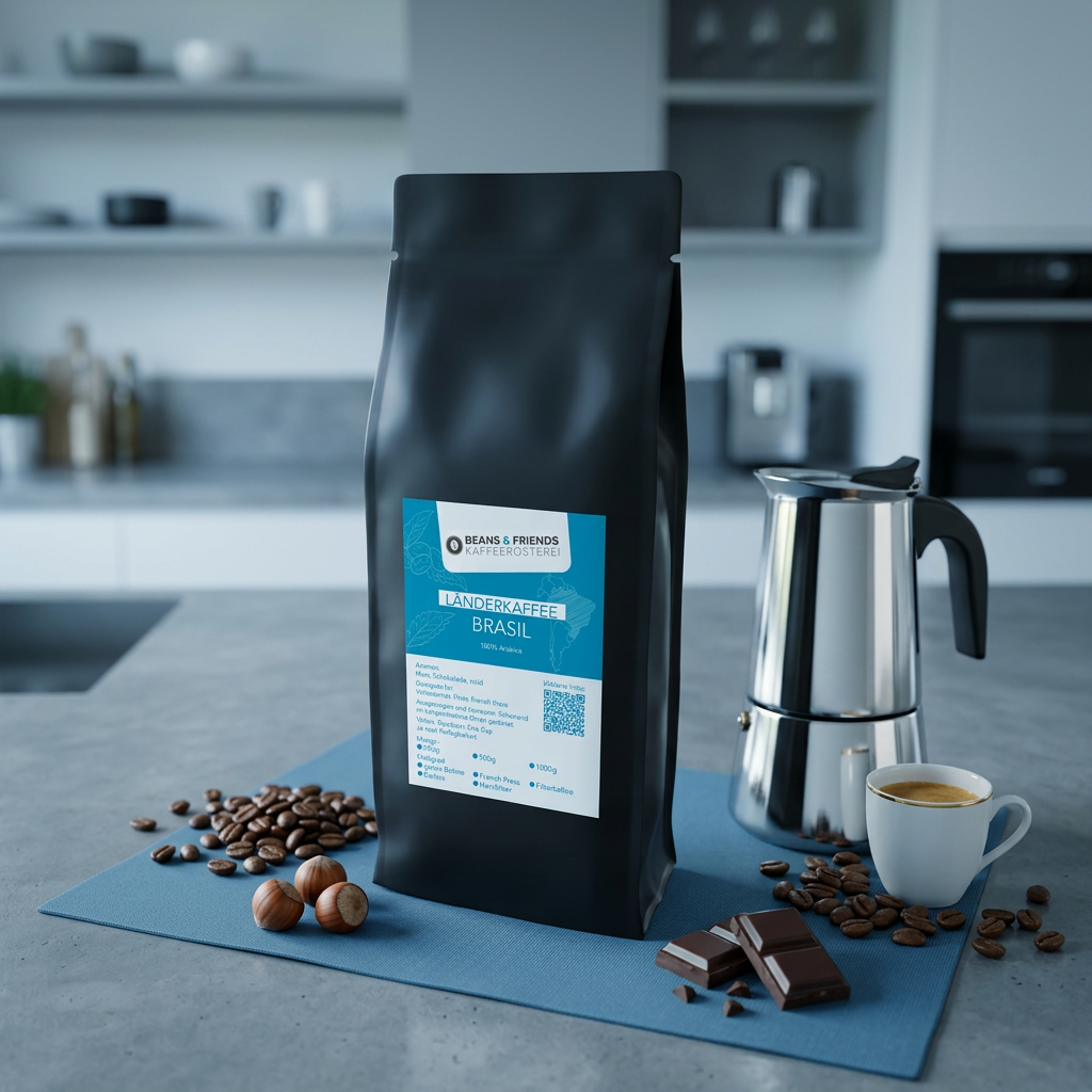 Brasil Kaffee für Espressokocher – 100 % Arabica mit Nuss, Schokolade und feiner Honigsüße, ausgewogen, weich und vollmundig.