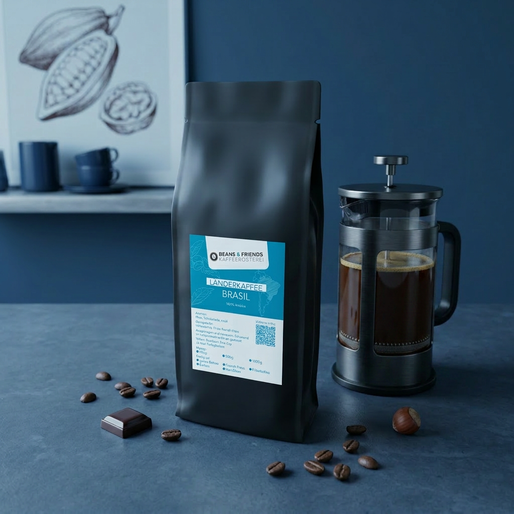 Brasil Kaffee für French Press – 100 % Arabica mit Nuss, Schokolade und feiner Honigsüße, ausgewogen, weich und vollmundig.
