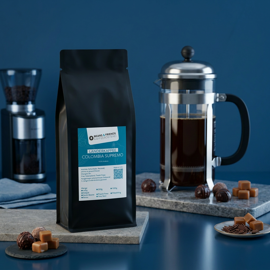 Columbia Kaffee für French Press – 100 % Arabica mit schokoladigem Aroma und weichem Mundgefühl, ausgewogen und angenehm mild.
