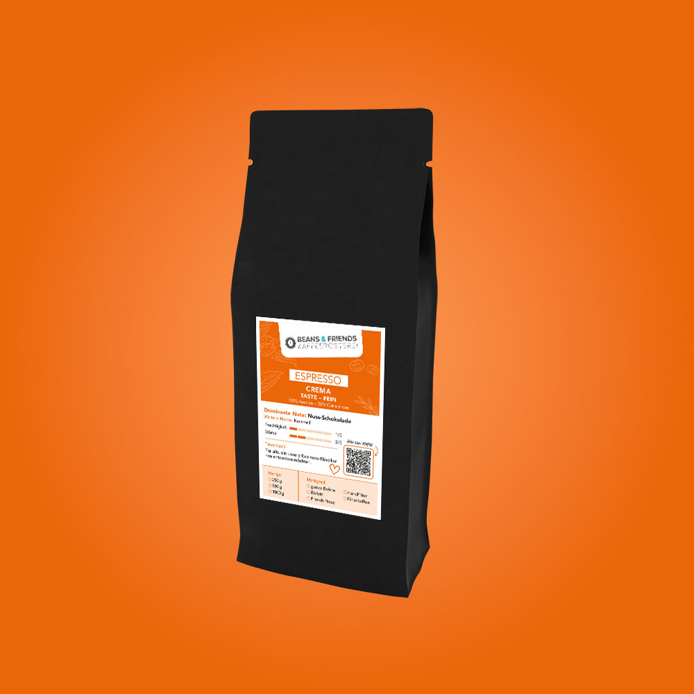 Espresso Crema Mild von Beans & Friends – Espresso mit feiner Crema und schokoladigen Noten, geeignet für Vollautomaten und Siebträger