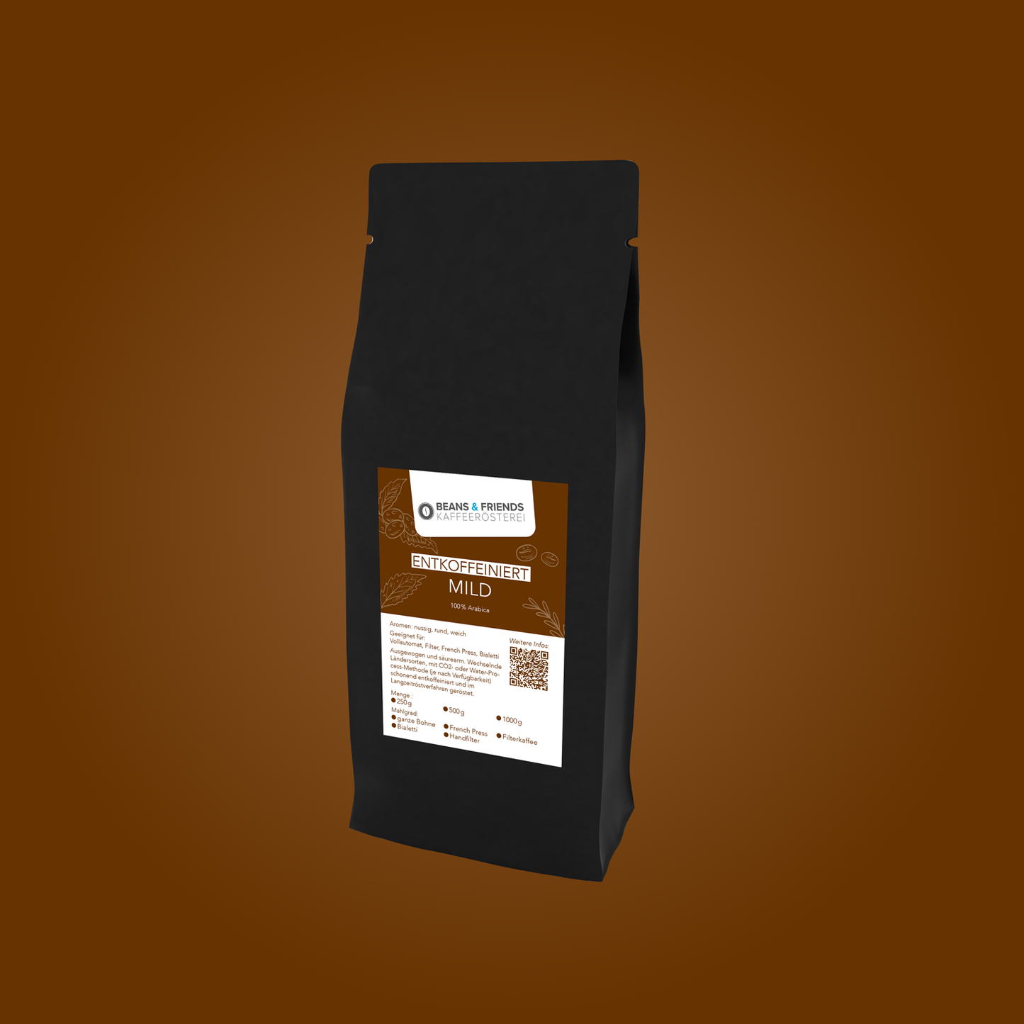 Entkoffeinierter Kaffee ganze Bohnen von Beans and Friends – 100 % Arabica mit Noten von Nuss und milder Schokolade, weich, rund und voller Geschmack trotz Entkoffeinierung.
