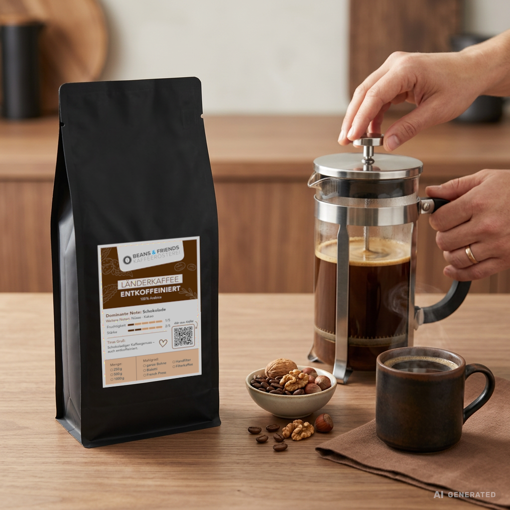Entkoffeinierter Kaffee für French Press – 100 % Arabica Kaffee mit Noten von Nuss und Schokolade.