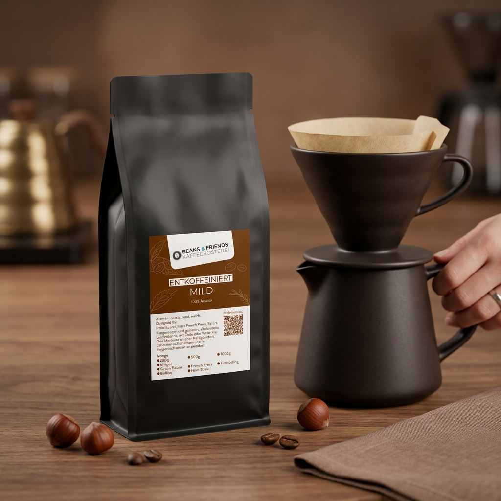 Entkoffeinierter Filterkaffee von Beans and Friends – 100 % Arabica mit sanfter Schokoladennote und nussigem Aroma, weich und ausgewogen für bewussten Kaffeegenuss.