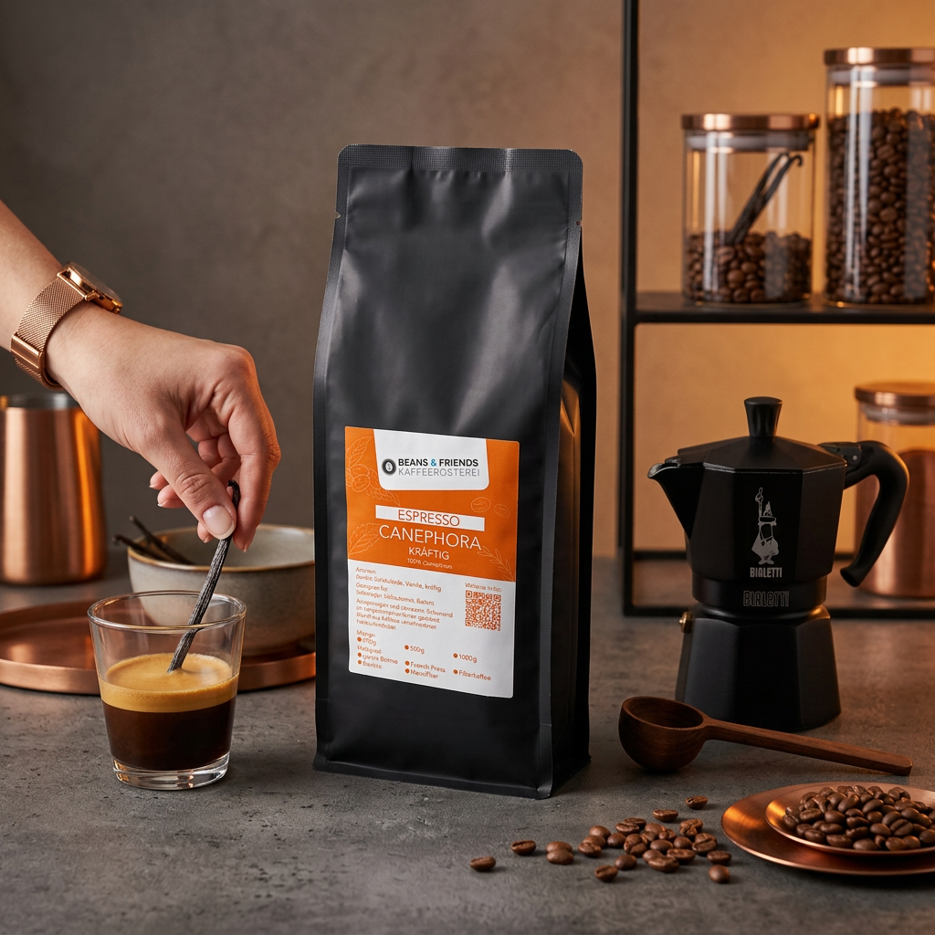 Espresso Canephora von Beans & Friends aus der Bialetti – intensiver Espresso mit dunkler Röstaromatik und würzigem Nachklang