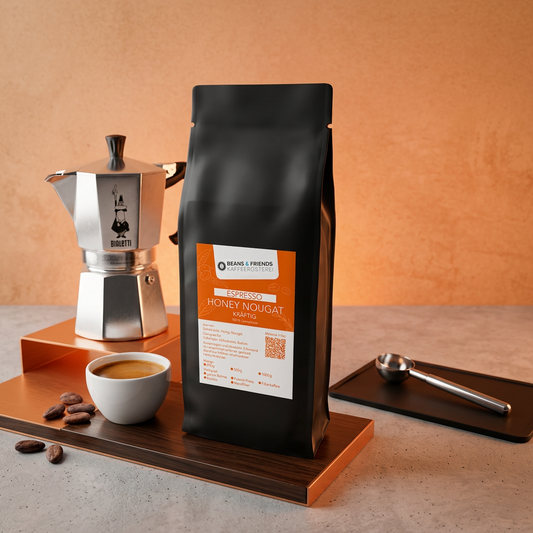 Espresso Honey Nougat von Beans & Friends aus der Bialetti – kräftiger Espresso mit cremigem Körper, feinen Nougatnoten und leichter Süße