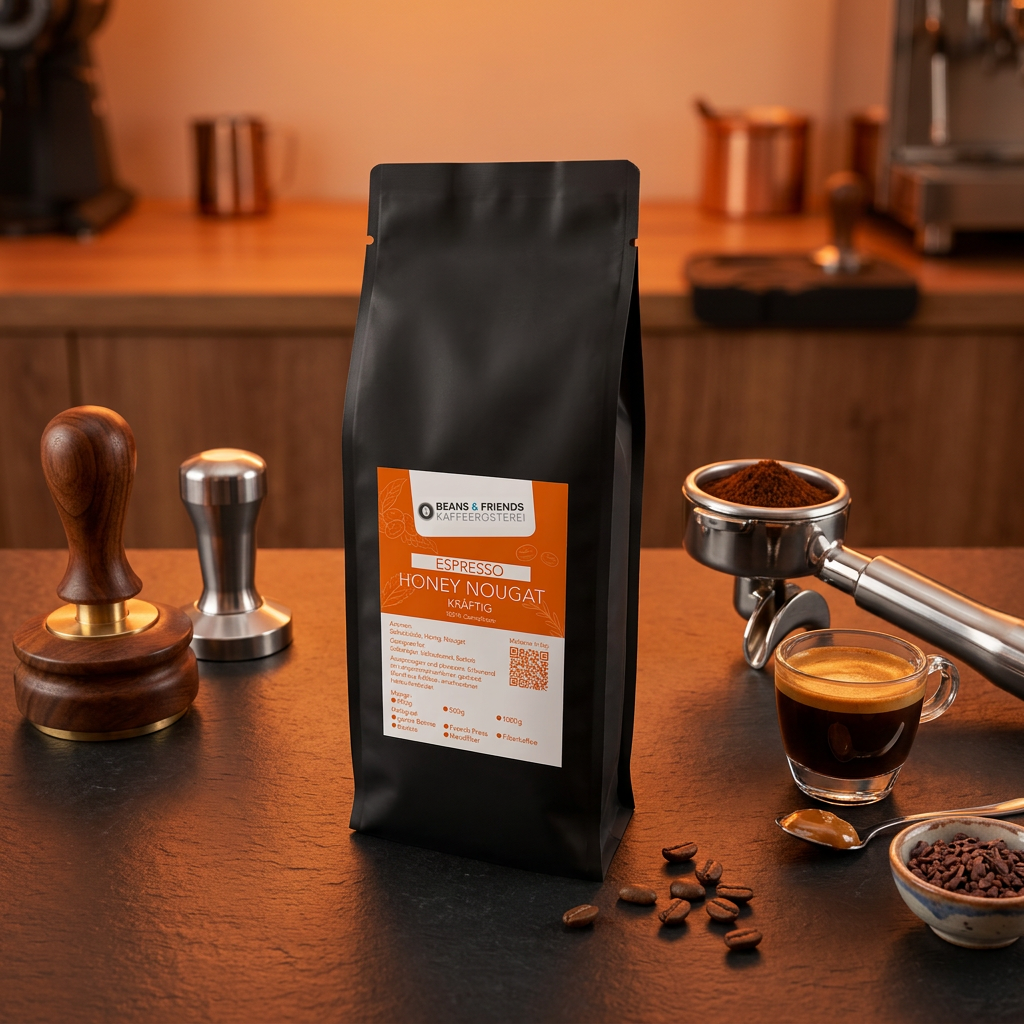Espresso Honey Nougat von Beans & Friends im Siebträger – intensiver Espresso mit dichter Crema, Honignoten und samtigem Nougat-Charakter