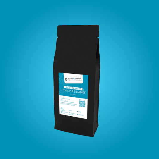 Ethiopia Kaffee ganze Bohnen von Beans and Friends – 100 % Arabica mit blumigen Aromen, feiner Fruchtigkeit und Zitrusnoten, charaktervoll, aromatisch und klar im Geschmack.