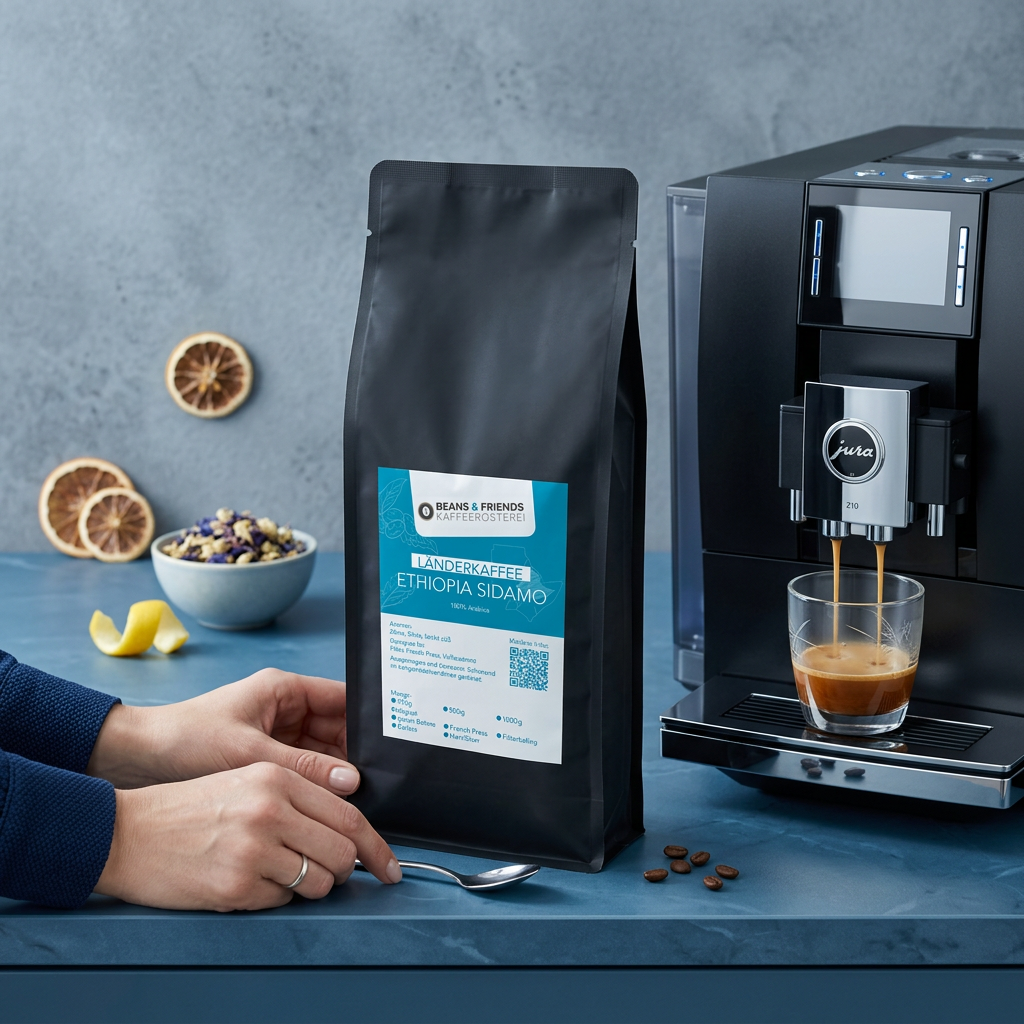 Ethiopia Kaffee für Vollautomaten von Beans and Friends – 100 % Arabica mit blumigen Aromen, feiner Fruchtnote und Anklängen von Zitrus, charaktervoll und aromatisch.